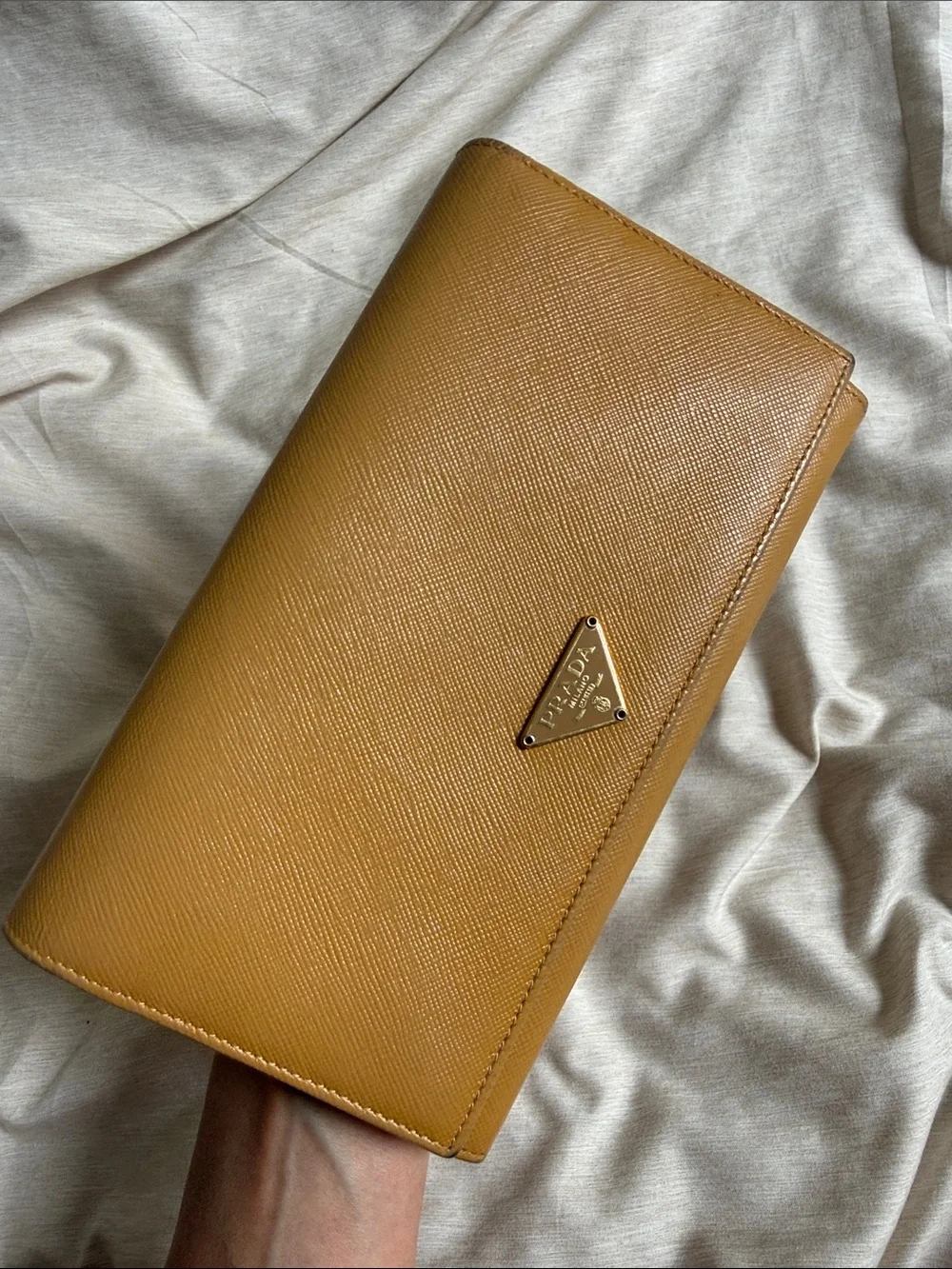 Prada Saffiano Leather Flap Wallet in Mustard Yellow